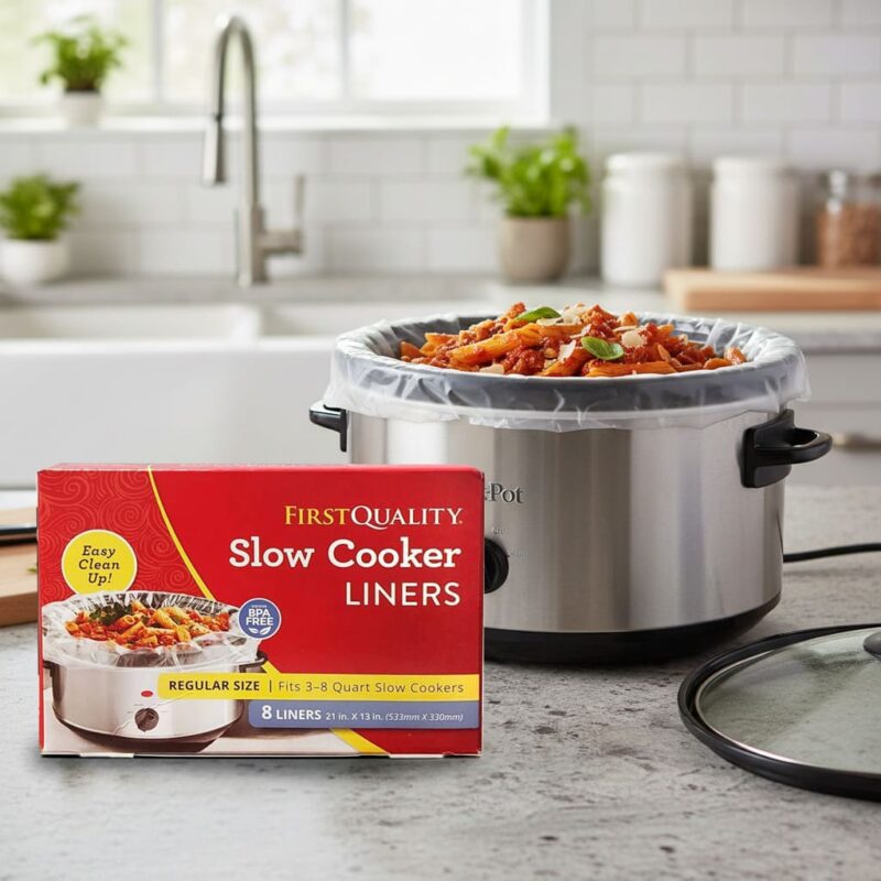 350264 Slow Cooker Liner First Quality Fits 3-8 Quart Slow Cookers1 Slow Cooker Liner First Quality shown next to 3-8 Quart Slow Cookers