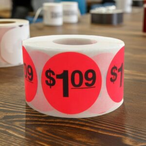 1 dollar and 9 cents Label Stickers Round Red with black print