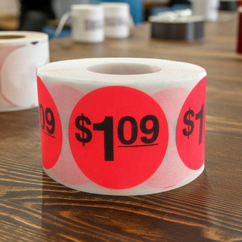 500010 1 dollar and 9 cents Label Stickers Round Red with black print 1 dollar and 9 cents Label Stickers Round Red with black print