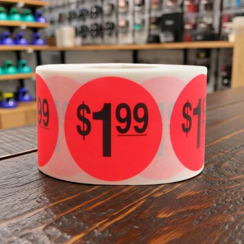 500023 1 dollar and 99 cents Label Stickers Round Red with black print 1 dollar and 99 cents Label Stickers Round Red with black print