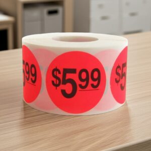 5 dollars and 99 cents Label Stickers Round Red with black print