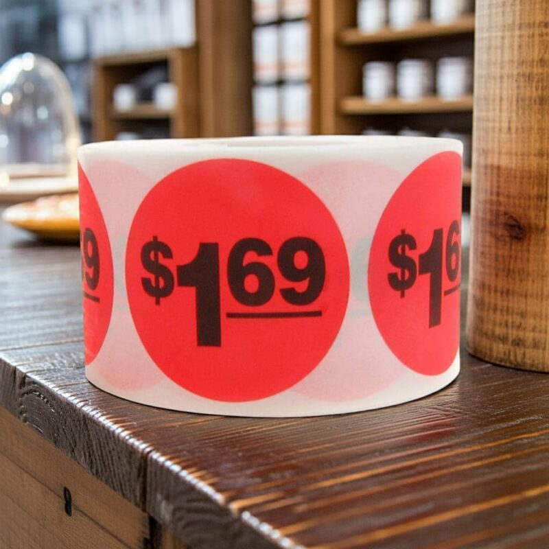 500086 1 dollar and 69 cents Label Stickers Round Red with black print 1 dollar and 69 cents Label Stickers Round Red with black print