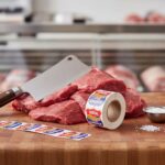 USDA Boneless Beef Choice Label on butcher block next to meat