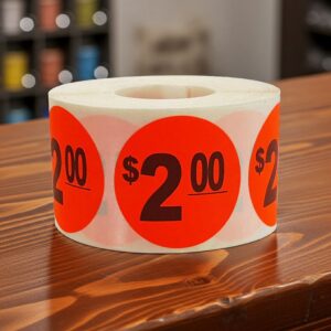 2 dollars Label Stickers Round Red with black print