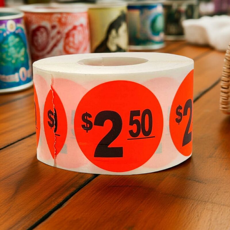 500217 2 dollars and 50 cents Label Stickers Round Red with black print 2 dollars and 50 cents Label Stickers Round Red with black print