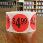 4 dollar and 99 cents Label Stickers Round Red with black print