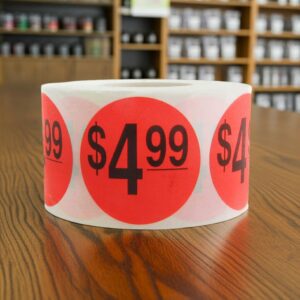 4 dollar and 99 cents Label Stickers Round Red with black print