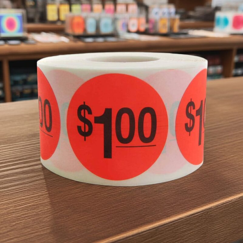 500287 1 dollar Label Stickers Round Red with black print 1 dollar Label Stickers Round Red with black print