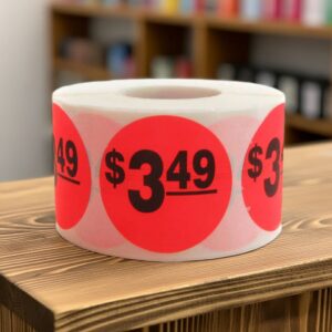 3 dollars and 49 cents Label Stickers Round Red with black print