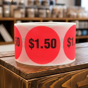 1 dollar and 50 cents Label Stickers Round Red with black print