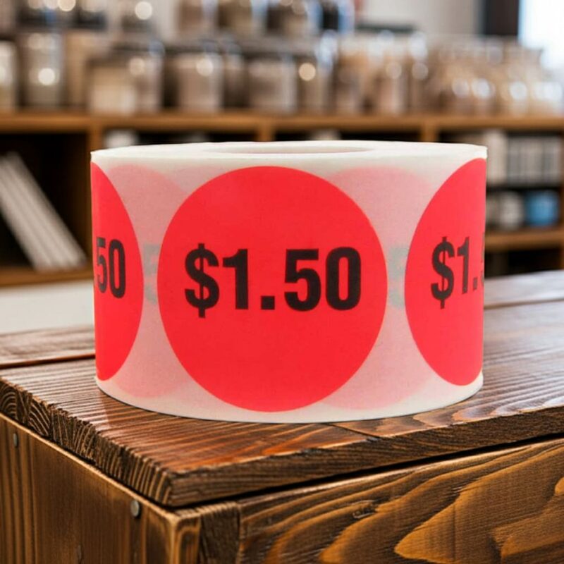 500663 1 dollar and 50 cents Label Stickers Round Red with black print 1 dollar and 50 cents Label Stickers Round Red with black print