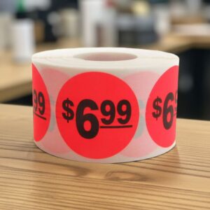6 dollars and 99 cents Label Stickers Round Red with black print
