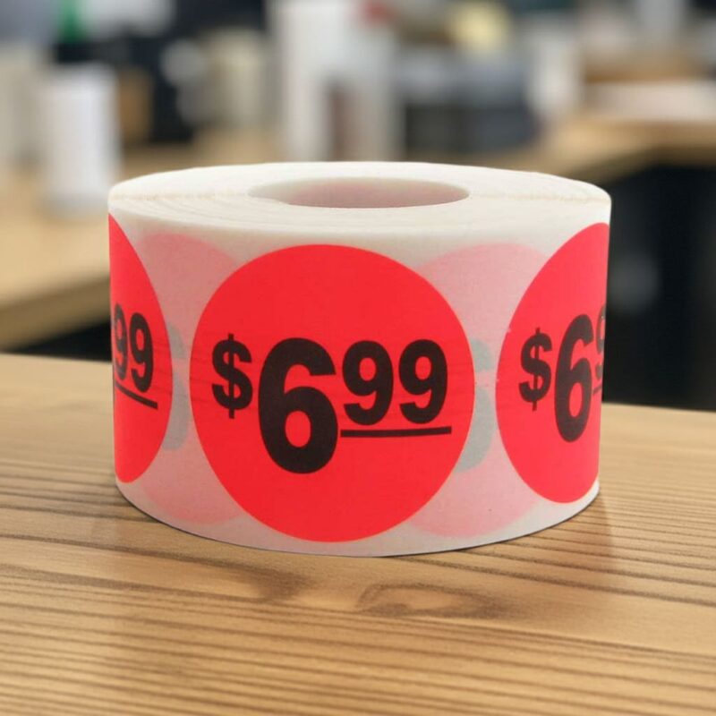 6 dollars and 99 cents Label Stickers Round Red with black print