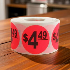 4 dollars and 49 cents Label Stickers Round Red with black print