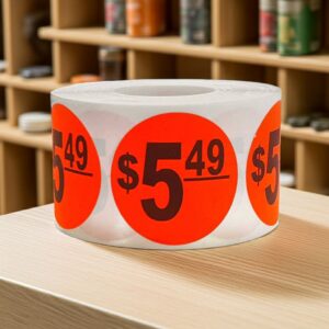 5 dollars and 49 cents Label Stickers Round Red with black print