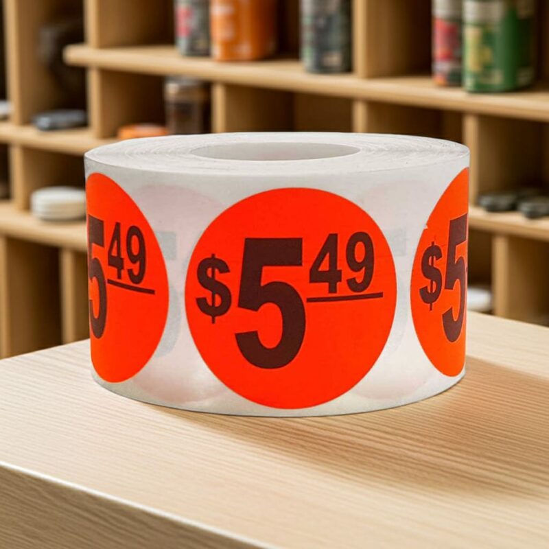5 dollars and 49 cents Label Stickers Round Red with black print