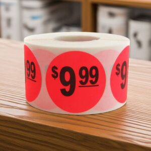 9 dollar and 99 cents Label Stickers Round Red with black print