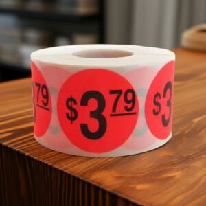 3 dollars and 79 cents Label Stickers Round Red with black print