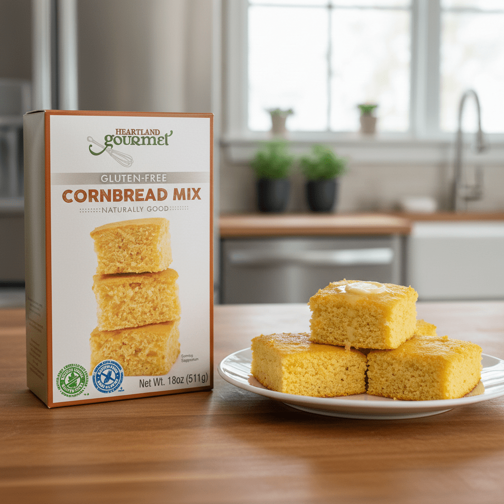 90301 Heartland Gourmet Cornbread Mix Gluten Free Heartland Gourmet Cornbread Mix Gluten Free next to plate of cornbread