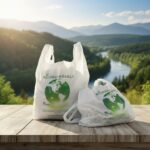 Biodegradable Plastic Shopping Bags with Green Earth Design Sitting on a table