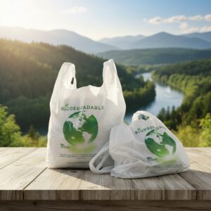 Biodegradable Plastic Shopping Bags with Green Earth Design Sitting on a table