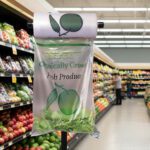 Organically grown produce roll bags shown in a supermarket produce department
