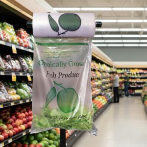 Organically grown produce roll bags shown in a supermarket produce department