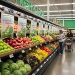 Organically grown produce roll bags shown hanging in produce section with multiple bags