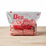 Clear plastic slider deli bag 10x8 inch with red Deli Fresh print in a wholesale 1000 case pack