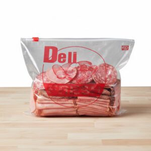 Clear plastic slider deli bag 10x8 inch with red Deli Fresh print in a wholesale 1000 case pack