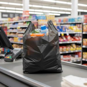 Black Plastic Carryout Bag shown with products inside