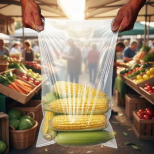 ectra strong produce bag shown holding corn at a farmer's market