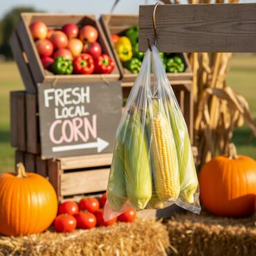 heavy duty clear produce bag shown holding corn