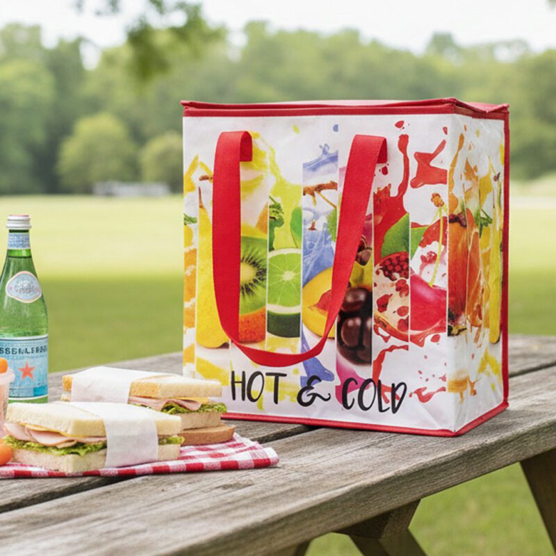 106059-Reusable-Insulated-Reusable-Grocery-Bag hold and cold insulated bag shown on a picnic table