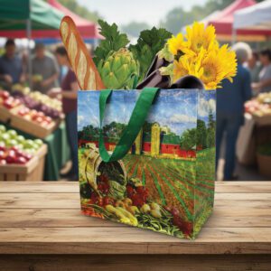 Farm with barn and produce reusable tote bag