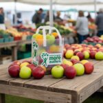 Apple Bag with Handles and Chipboard Base sitting on farmer's market table holding apples and oranges
