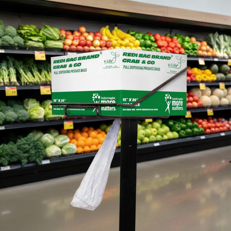 106465-Produce-Bags-Grab-and-Go-with-P-Life-Additive-15×20 grab and go produce bag in a rack with p-life in a produce department