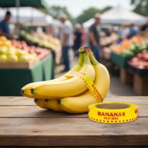 yellow roll of banana tape with plu 4011 on the tape with usage example shown