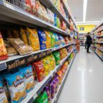Black Channel track for retail shelving with Adhesive in a supermarket aisle