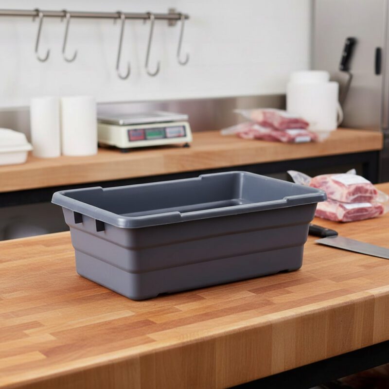 260059-Grey-Plastic-Lug grey plastic lug sitting on butcher counter
