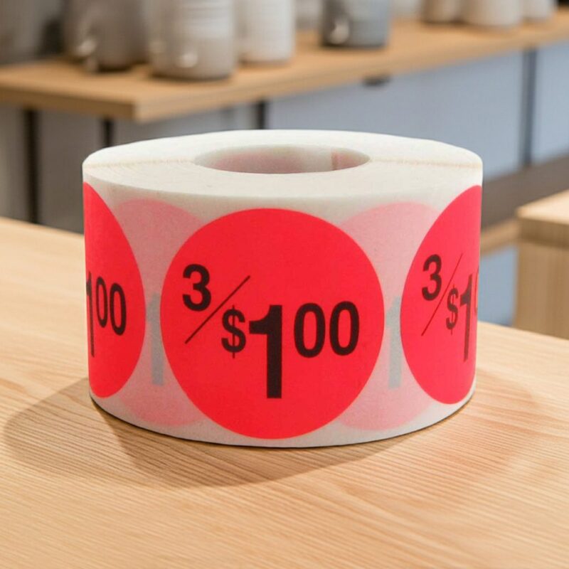 500031-3-for-$1-Sticker-Pricing-Label-Stickers 3 for 1 dollar round sticker on a red label with black text