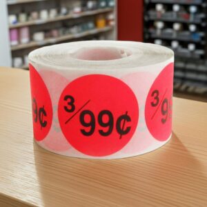 3 for 99 cents round sticker on a red label with black text