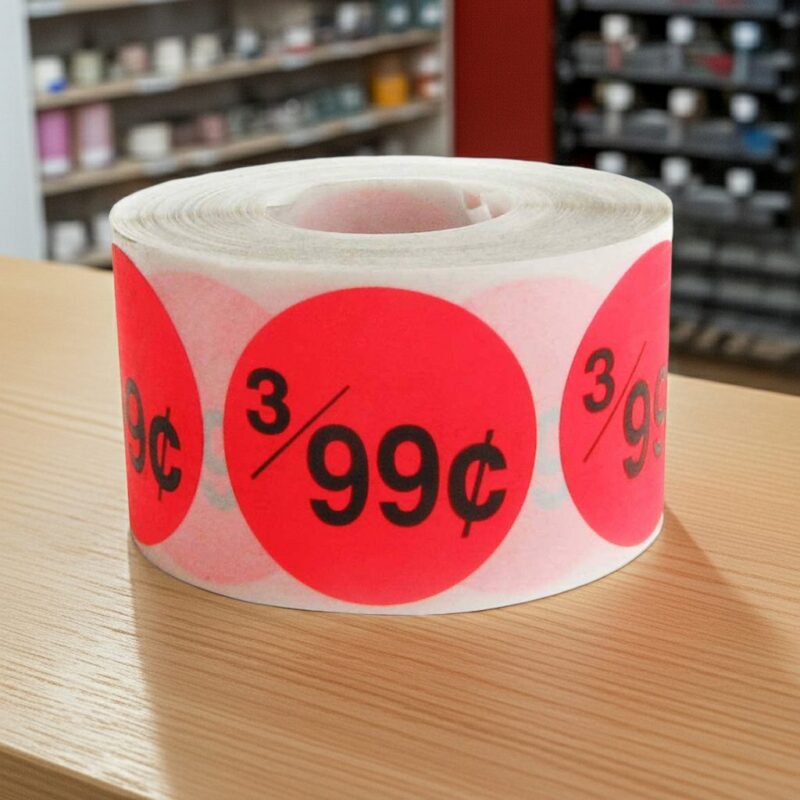 500033-3-for-99-cents-Sticker-Pricing-Label-Stickers 3 for 99 cents round sticker on a red label with black text