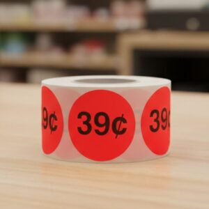 39 cents round sticker on a red label with black text