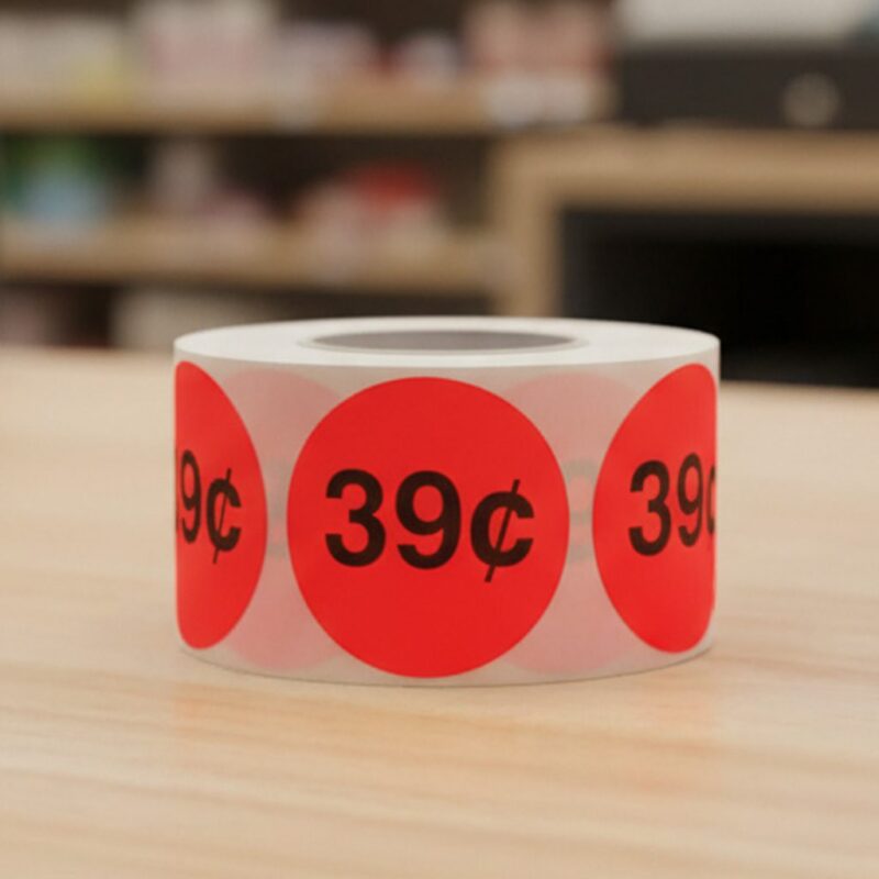 39 cents round sticker on a red label with black text