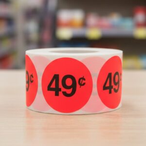 49 cents round sticker on a red label with black text