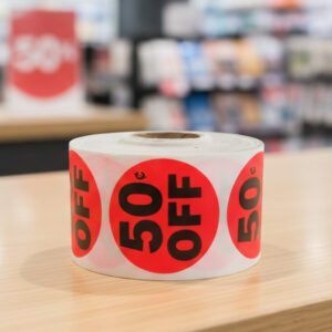 50 cents off sticker on a round red label