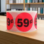 59 cents round sticker on a red label with black text