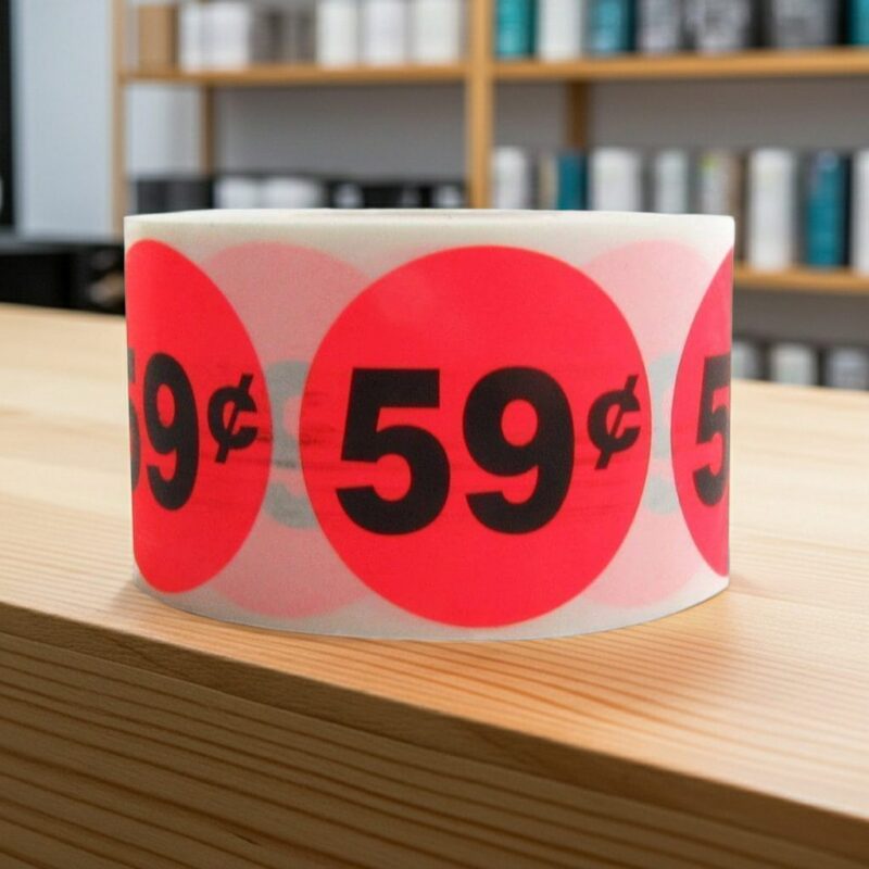 500039-59-Cents-Label-Stickers-Round-Red-with-black-print 59 cents round sticker on a red label with black text