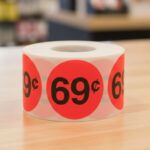 69 cents round sticker on a red label with black text